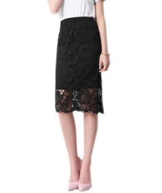 Black Vintage Pencil Skirt Knee Length Lace Skirt Modest Bodycon Skirt, Medium